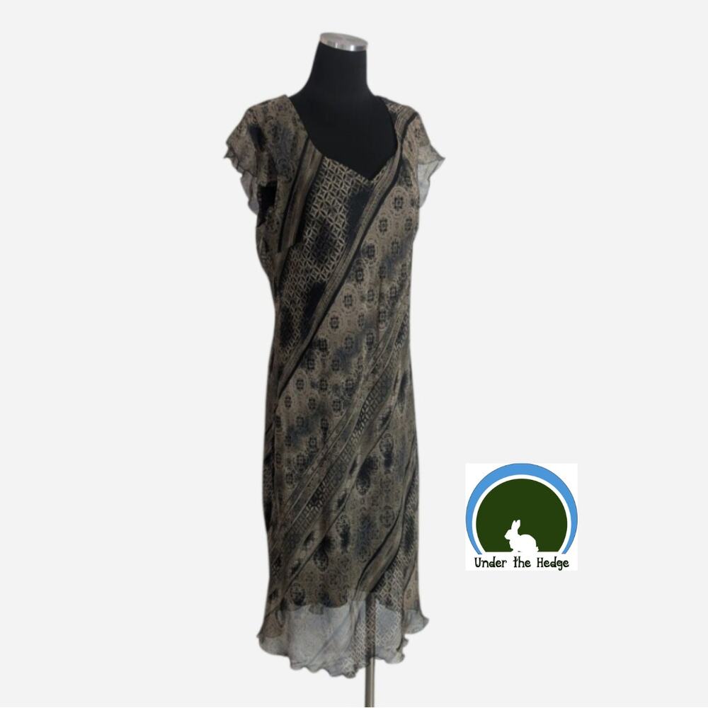 Y2K Believe Black Beige Flutter Sleeve Chiffon Midi Dress Size 16 Dark Feminine